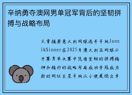 辛纳勇夺澳网男单冠军背后的坚韧拼搏与战略布局